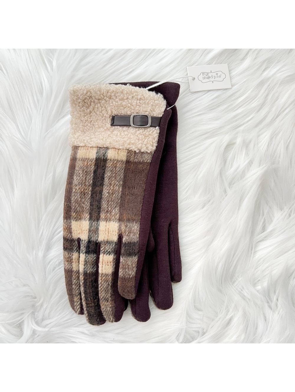 NWT Mud Pie Brown Tartan Plaid Boucle Touchscreen Gloves Buckle One Size